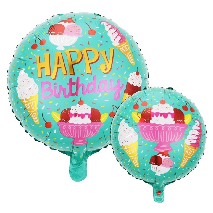 Balon din Folie Metalizata, Flippy, Mini Figurina Rotunda, Model Inghetata, Happy Birthday, Tematica Aniversare, 45 cm, Ambalaj Individual, Pai Inclus, Umflare cu Aer sau Heliu, Verde - imagine 2