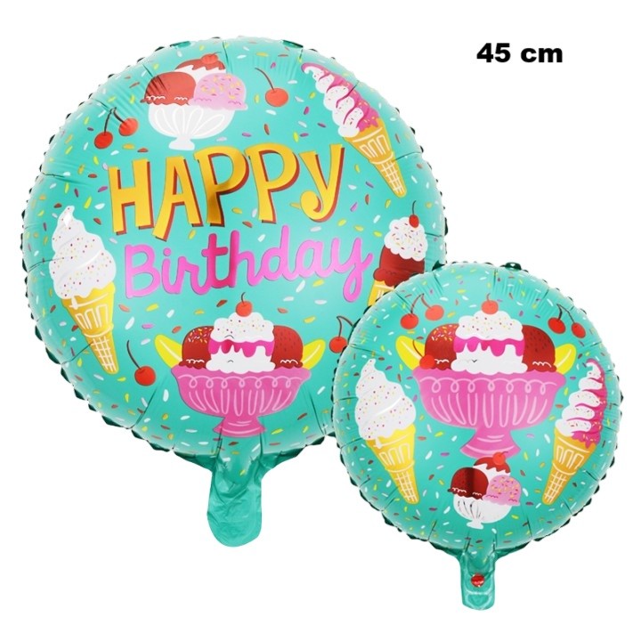 Balon din Folie Metalizata, Flippy, Mini Figurina Rotunda, Model Inghetata, Happy Birthday, Tematica Aniversare, 45 cm, Ambalaj Individual, Pai Inclus, Umflare cu Aer sau Heliu, Verde - imagine 3