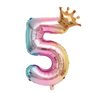 Balon din Folie Metalizata, Flippy, Figurina Cifra Gradient, Tema Aniversare 80 cm, Ambalaj Individual, Pai inclus, Umflare cu Aer sau Heliu, Coronita, Cifra 5