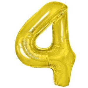 Balon din Folie Metalizata Flippy, Figurina Cifra, Tema Aniversare 80 cm, Ambalaj Individual, Pai inclus, Umflare cu Aer sau Heliu, Auriu, Cifra 4