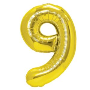 Balon din Folie Metalizata Flippy, Figurina Cifra, Tema Aniversare 80 cm, Ambalaj Individual, Pai inclus, Umflare cu Aer sau Heliu, Auriu, Cifra 9