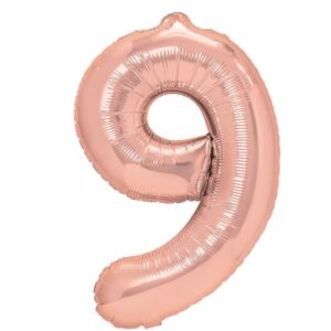 Balon din Folie Metalizata Flippy, Figurina Cifra, Tema Aniversare 40 cm, Ambalaj Individual, Pai inclus, Umflare cu Aer sau Heliu, Rose Gold, Cifra 9