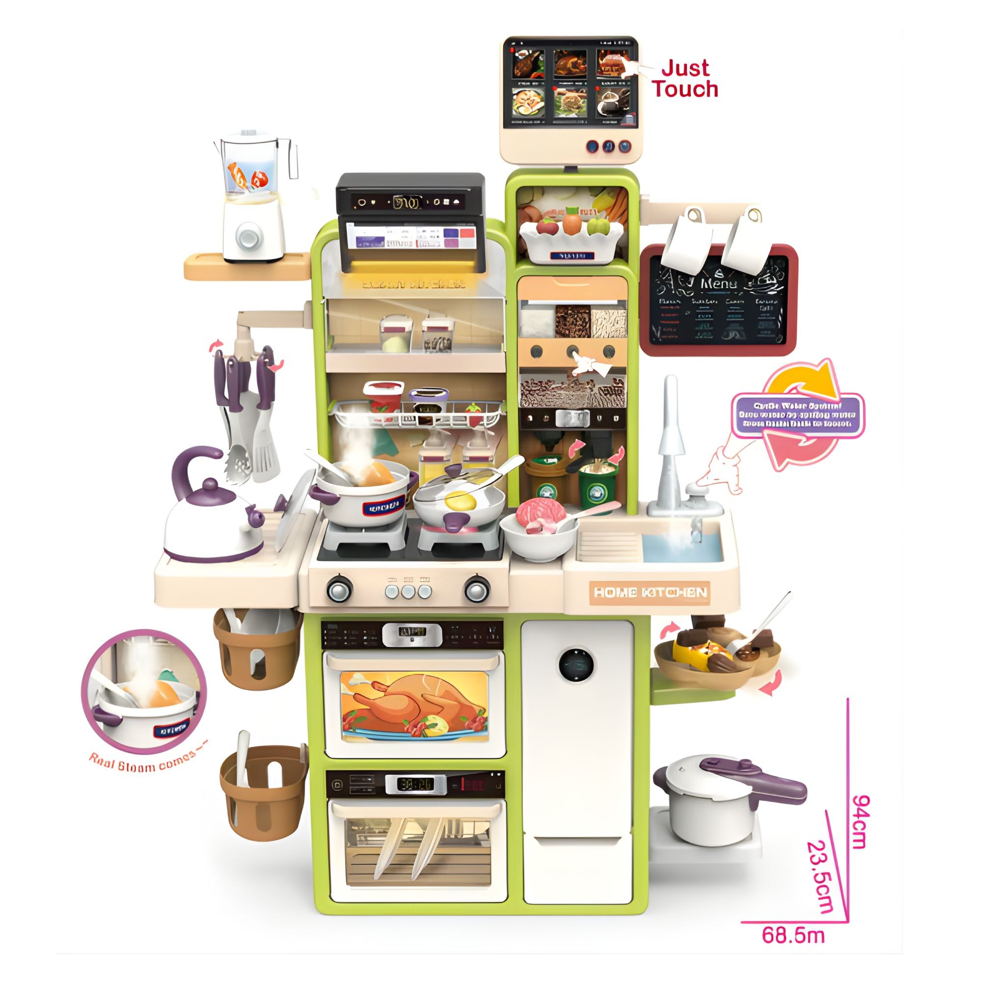 Bucatarie pentru Copii, Flippy, Jucarie Montessori, din Plastic Rezistent, Set de Joaca Educativ cu Electrocasnice, Ustensile, Alimente, Accesorii pentru Gatit, 68 x 23 x 93 cm, Alb/Verde - imagine 3