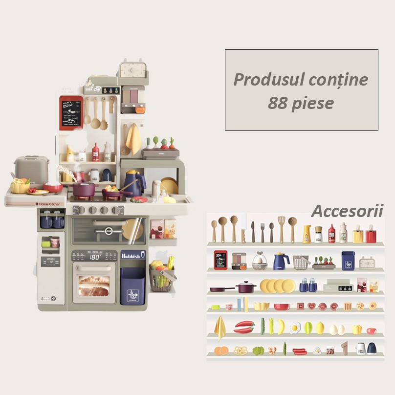 Bucatarie pentru Copii Spray Kitchen, Flippy, cu Lumini si Sunete Realiste, Aburi, Robinet cu Flux de Apa, 88 Piese, 93 x 69 x 27 cm, 4 Ani+, Gri/Verde - imagine 3