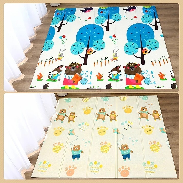 Covoras pentru Copii, Flippy, cu 2 Fete, Model Zmeu/Ursi, din XPE+PE, Impermeabil, Antiderapant, Protectie Termica, +3 Luni, Pliabil, 180 x 200 x 1.5 cm, Multicolor - imagine 2