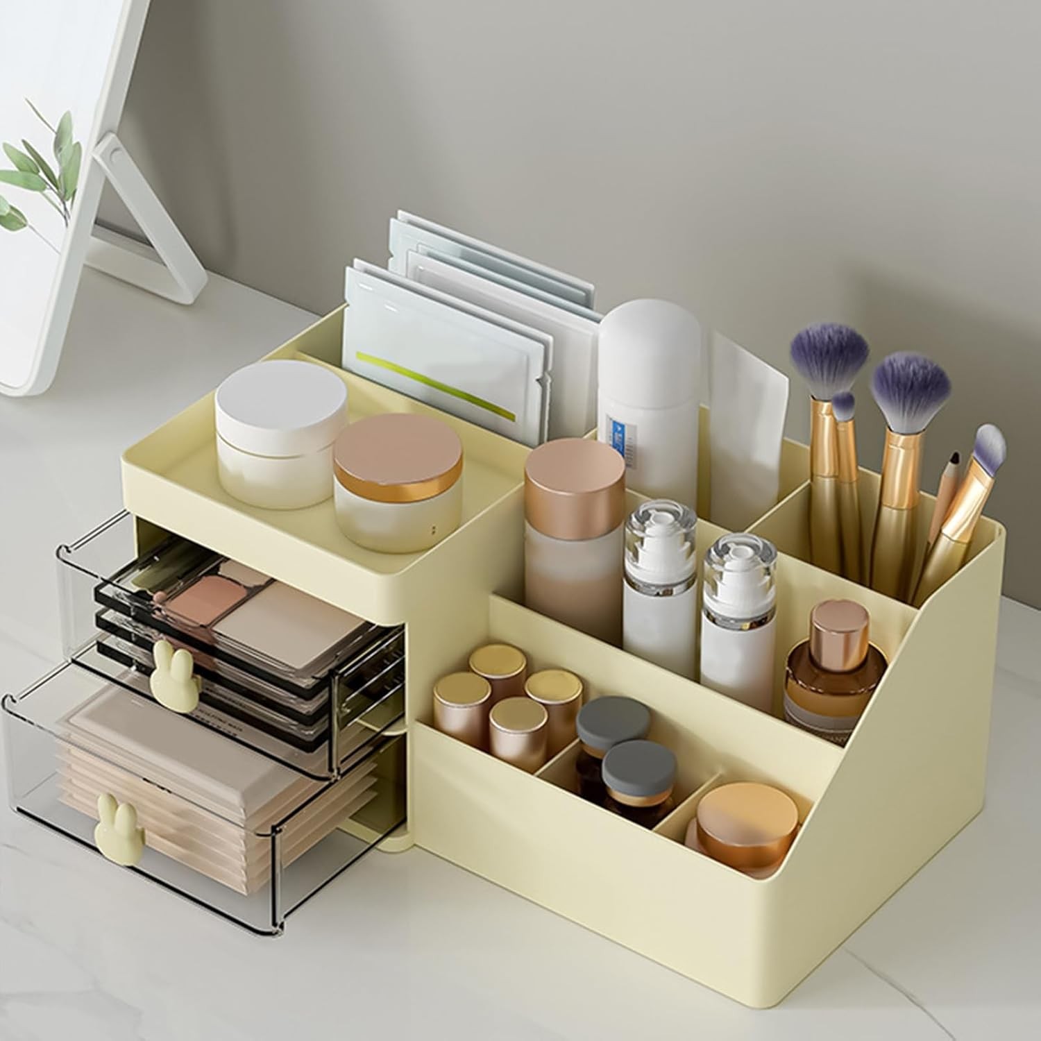 Cutie de Depozitare pentru Birou, Flippy, Pentru Makeup, Papetarie, Organizator Cosmetice, 2 Sertare si Compartimente Multiple, Model Iepuras, Plastic, 27.5x15.5x12 cm, Crem - imagine 2