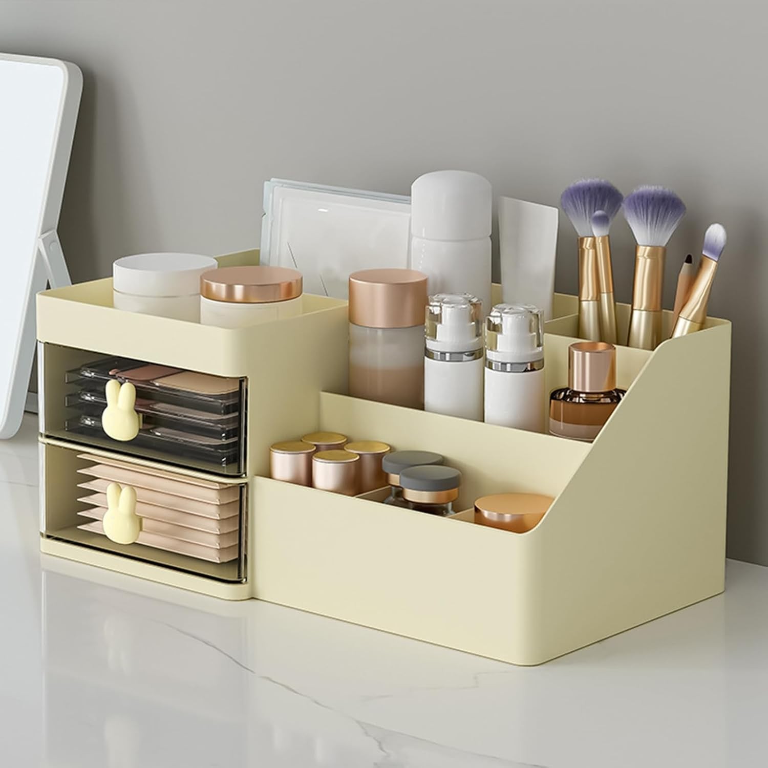 Cutie de Depozitare pentru Birou, Flippy, Pentru Makeup, Papetarie, Organizator Cosmetice, 2 Sertare si Compartimente Multiple, Model Iepuras, Plastic, 27.5x15.5x12 cm, Crem - imagine 3