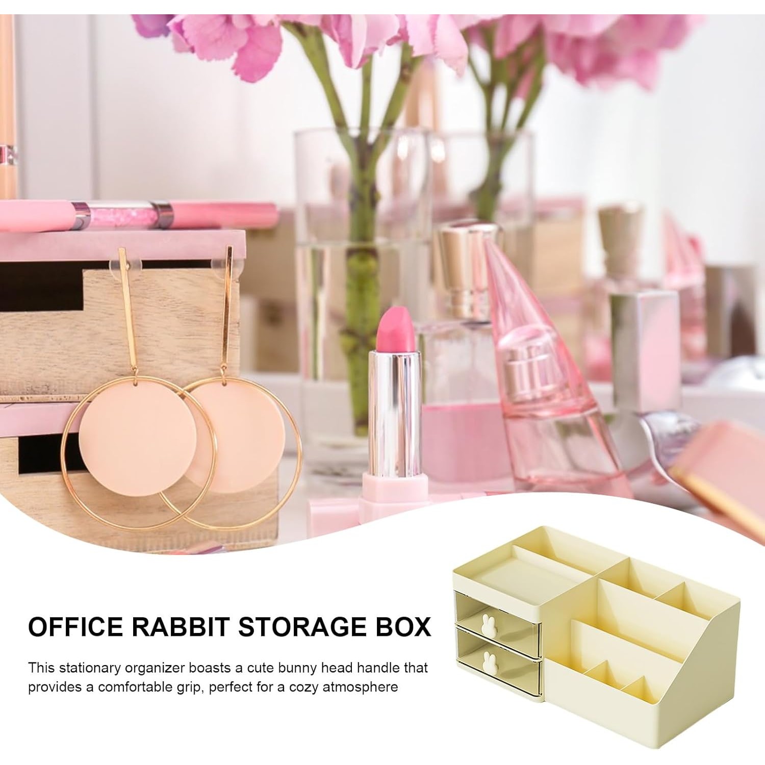 Cutie de Depozitare pentru Birou, Flippy, Pentru Makeup, Papetarie, Organizator Cosmetice, 2 Sertare si Compartimente Multiple, Model Iepuras, Plastic, 27.5x15.5x12 cm, Crem - imagine 4