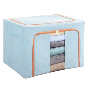 Cutie de Depozitare Pliabila, Flippy, 100 L, din Bumbac si In, 60x42x40 cm, 2 Ferestre, Frontala si Laterala, 2 Usi de Acces cu Fermoar Bidirectional, Cadru Metalic, Suport Baza Stabil din Plastic, Bleu