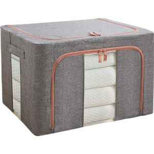 Cutie de depozitare pliabila, Flippy, Cu fermoar, 100 L, Textil, 60x42x40 cm, Cadru Metalic, Suport Baza Stabil din Plastic, Gri, Cu doua ferestre