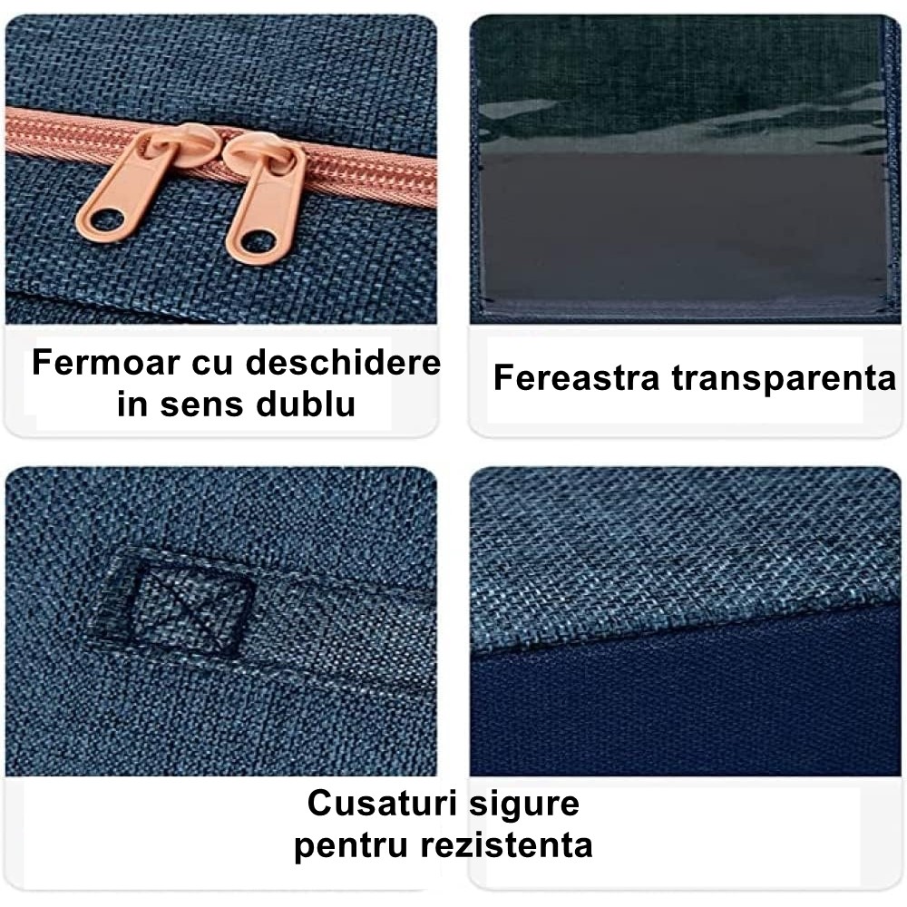 Cutie de Depozitare Pliabila, Flippy, Cu Fermoar, 24 L, Textil, 40x30x20 cm, Cadru Metalic, Suport Baza Stabil din Plastic, Albastru Marin cu Doua - imagine 2