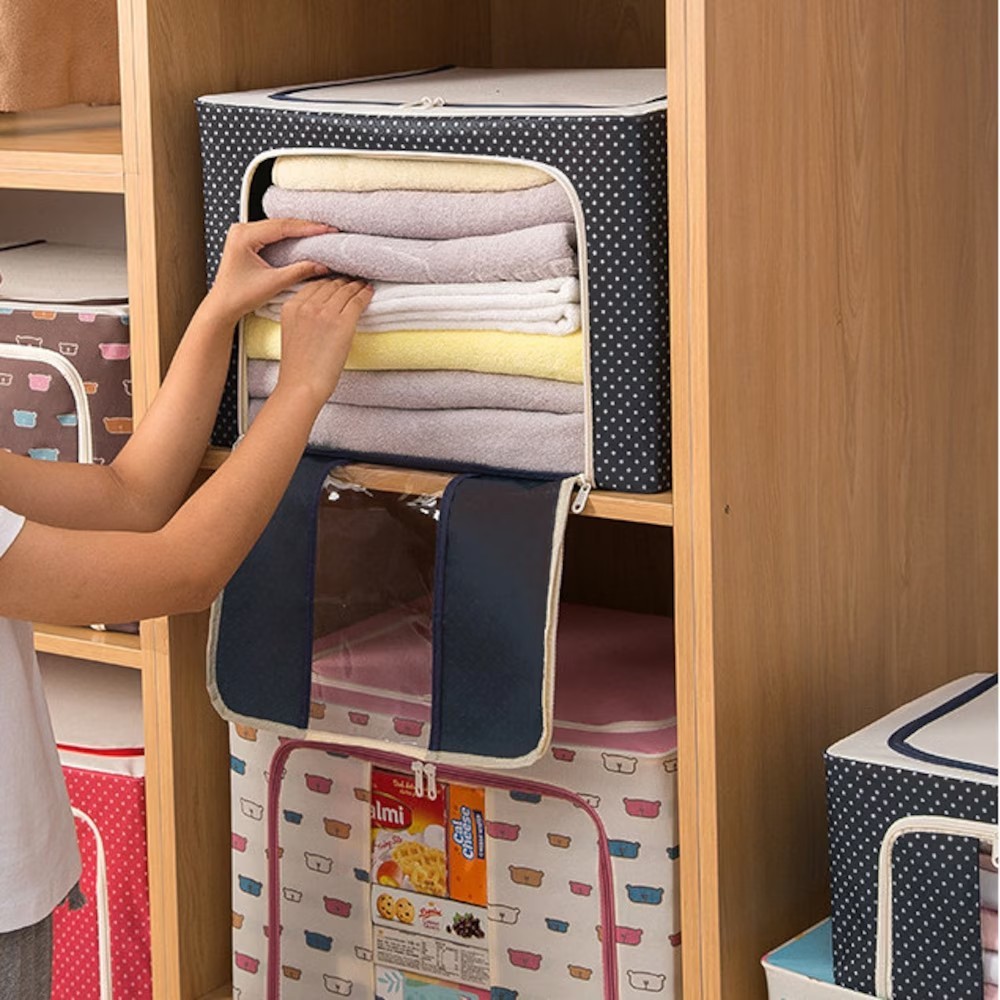 Cutie de Depozitare Pliabila, Flippy, Cu Fermoar, 66 L, Textil, 50 x 40 x 33 cm, Cadru Metalic, Suport Baza Stabil din Plastic, Imprimeu Buline, Albastru Marin - imagine 4