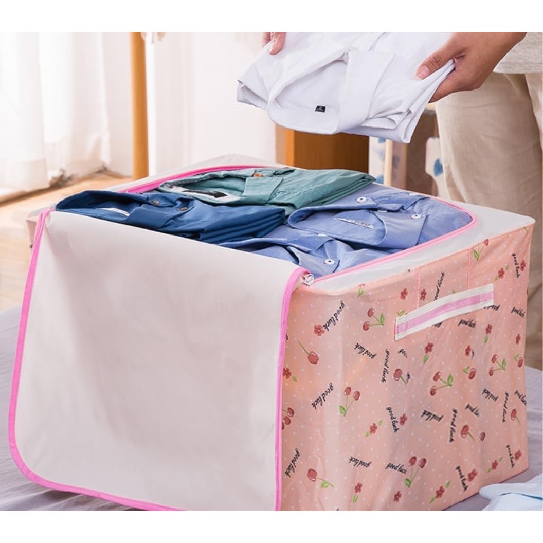 Cutie de Depozitare Pliabila, Flippy, Cu Fermoar, 66 L, Textil, 50x40x33 cm, cu Fereastra, Cadru Metalic, Suport Baza Stabil din Plastic, Imprimeu Cirese, Roz - imagine 2