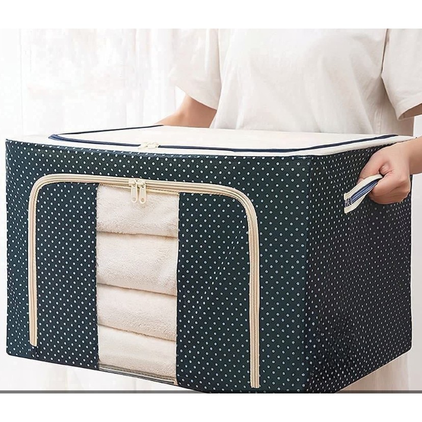 Cutie de Depozitare Pliabila, Flippy, Cu Fermoar, 66 L, Textil, 50 x 40 x 33 cm, Cadru Metalic, Suport Baza Stabil din Plastic, Imprimeu Buline, Albastru Marin - imagine 2