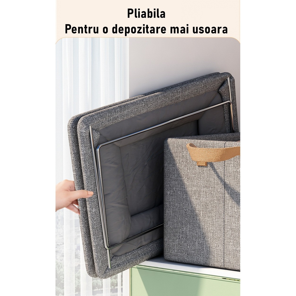 Cutie de Depozitare Tip Cos, Flippy, Material Textil, Pliabila, 47x35x30 cm, 50 l, Cadru Metalic, cu Manere, Gri - imagine 2
