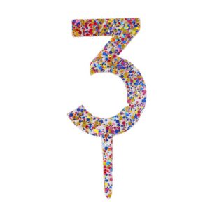 Decoratiune Topper pentru Tort, Flippy, din Acrilic cu Fulgi de Sclipici, Model Cifra 3, Inaltime 18.5 cm, Transparent Multicolor 