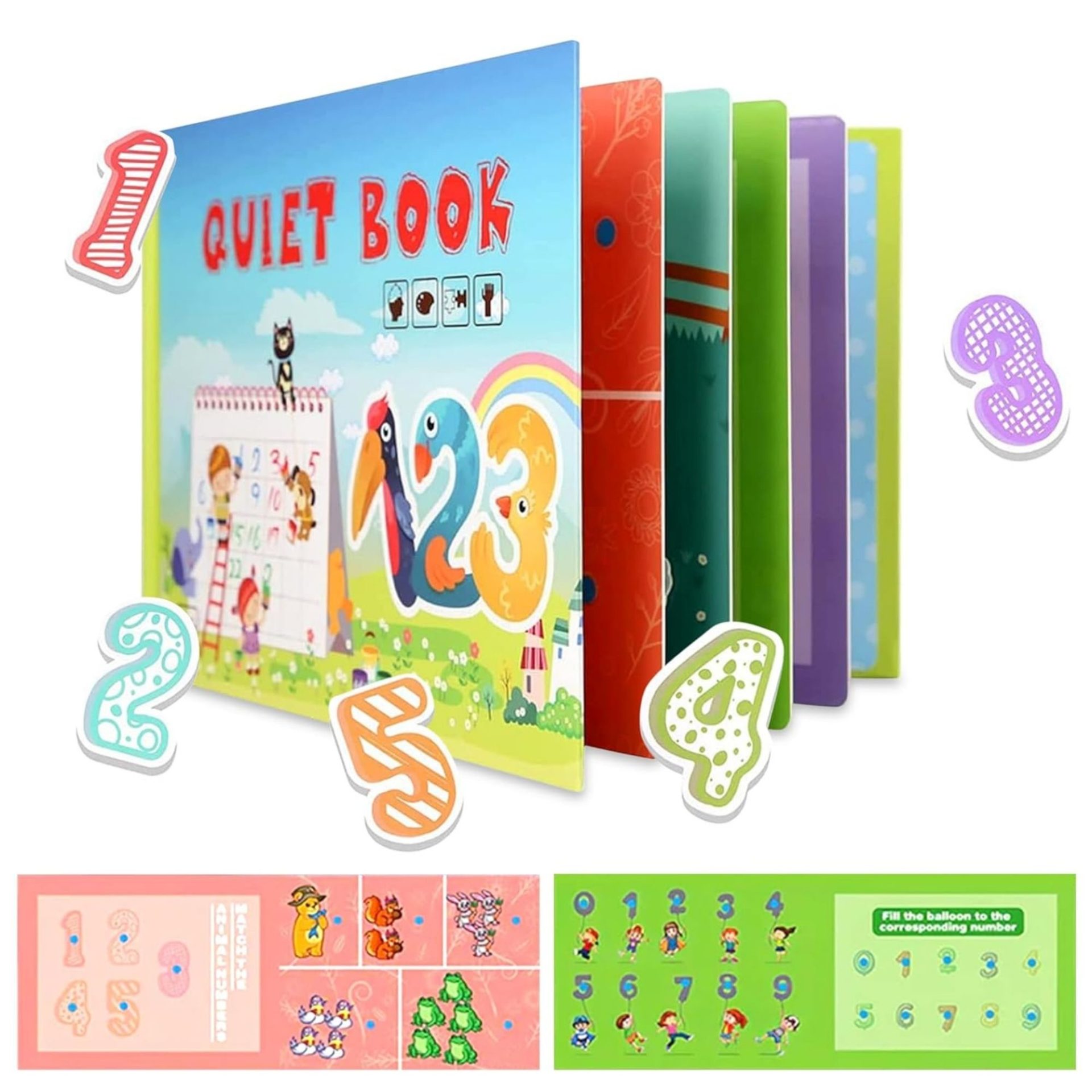Carte Educativa cu Stickere Reutilizabile, Flippy, Quiet Book Senzoriala cu Pagini Interactive , Joc Montessori, Seria ''Numere'', Dezvolta Motricitatea Fina si Logica, Quiet Book pentru Invatare Timpurie, 3 ani, Multicolor - imagine 2