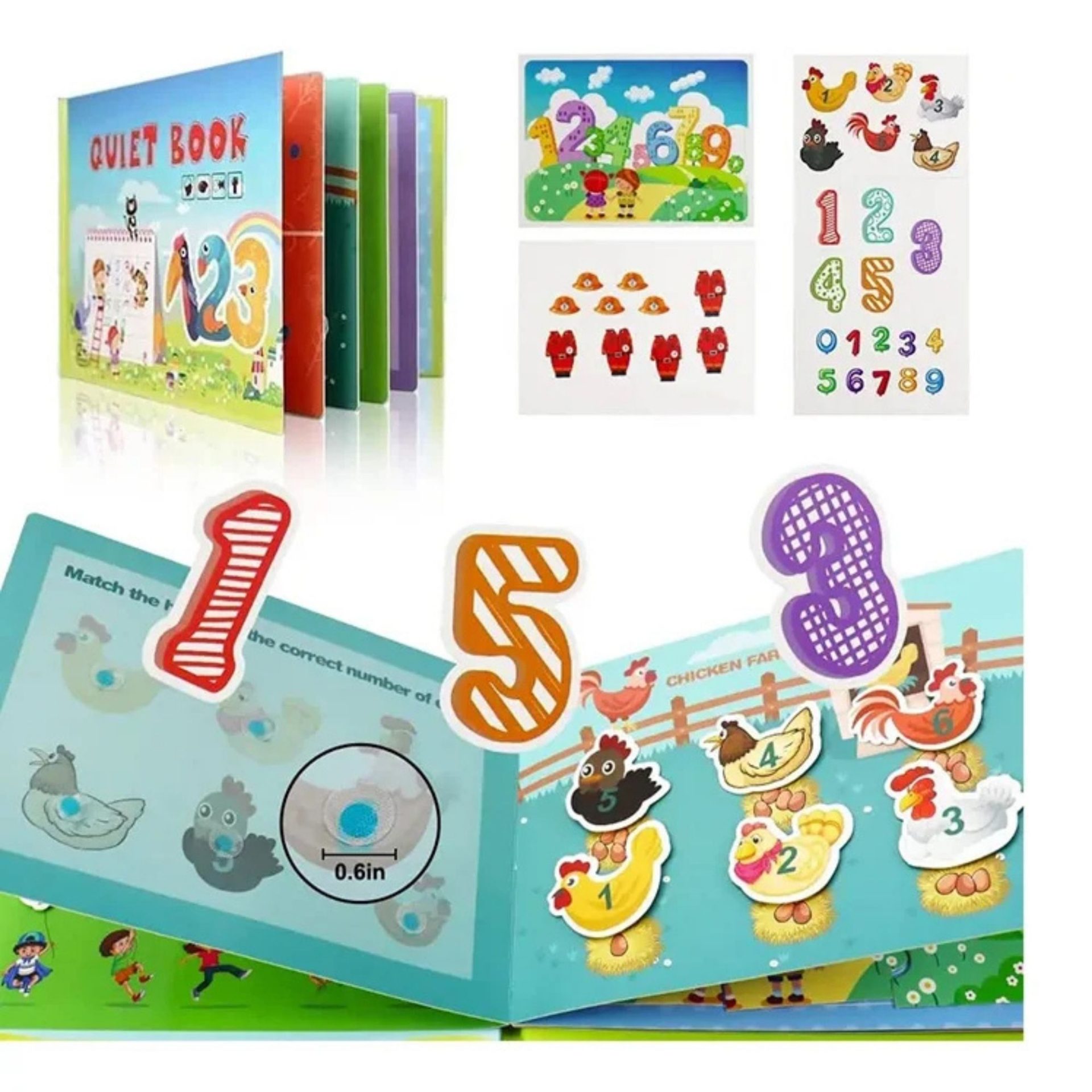 Carte Educativa cu Stickere Reutilizabile, Flippy, Quiet Book Senzoriala cu Pagini Interactive , Joc Montessori, Seria ''Numere'', Dezvolta Motricitatea Fina si Logica, Quiet Book pentru Invatare Timpurie, 3 ani, Multicolor - imagine 3