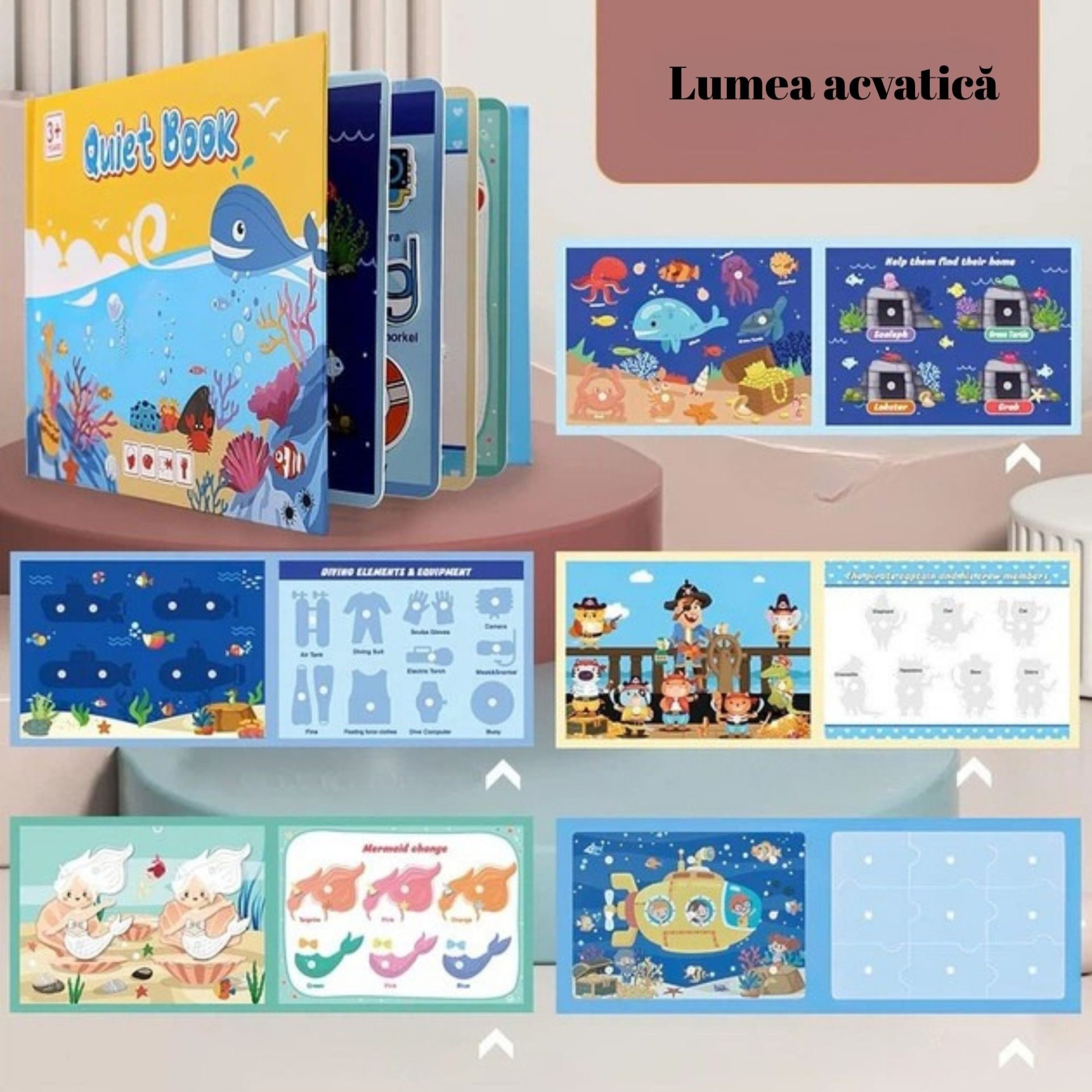 Carte Educativa cu Stickere Reutilizabile, Flippy, Quiet Book Senzoriala cu Pagini Interactive, Joc Montessori, Seria ''Lumea Acvatica'', Dezvolta Motricitatea Fina si Logica, pentru Invatare Timpurie, 3 ani, Multicolor - imagine 2