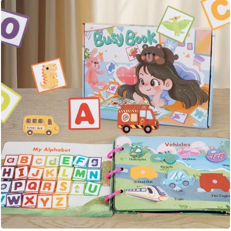 Carte Educationala Montessori, Flippy, Joc Educational Busy Book, Carte Senzoriala cu 12 Teme de Invatare, Dezvolta Motricitatea Fina si Logica, Alfabet, Cifre, Jucarie de Calatorie, 3ani+, Multicolor - imagine 2