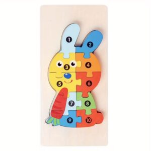 Puzzle din Lemn 3D Montessori, Flippy, Jucarie Educativa pentru Copii, 0-3 Ani, Vopsea Ecologica, Dezvolta Motricitatea Fina, Coordonarea, Logica,  11 Piese, Model Iepure, Multicolor