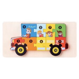 Puzzle din Lemn 3D Montessori, Flippy, Jucarie Educativa pentru Copii, 0-3 Ani, Vopsea Ecologica, Dezvolta Motricitatea Fina, Coordonarea, Logica,  11 Piese, Model Autobuz Scolar, Multicolor