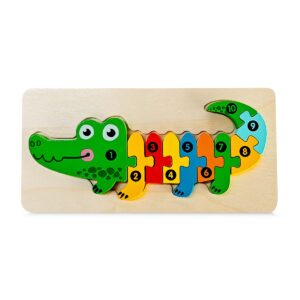 Puzzle din Lemn 3D Montessori, Flippy, Jucarie Educativa pentru Copii, 0-3 Ani, Vopsea Ecologica, Dezvolta Motricitatea Fina, Coordonarea, Logica,  11 Piese, Model Crocodil, Multicolor