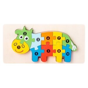 Puzzle din Lemn 3D Montessori, Flippy, Jucarie Educativa pentru Copii, 0-3 Ani, Vopsea Ecologica, Dezvolta Motricitatea Fina, Coordonarea, Logica,  11 Piese, Model Vacuta, Multicolor