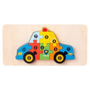 Puzzle din Lemn 3D Montessori, Flippy, Jucarie Educativa pentru Copii, 0-3 Ani, Vopsea Ecologica, Dezvolta Motricitatea Fina, Coordonarea, Logica,  11 Piese, Model Masina de Politie, Multicolor