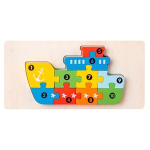 Puzzle din Lemn 3D Montessori, Flippy, Jucarie Educativa pentru Copii, 0-3 Ani, Vopsea Ecologica, Dezvolta Motricitatea Fina, Coordonarea, Logica,  11 Piese, Model Nava, Multicolor