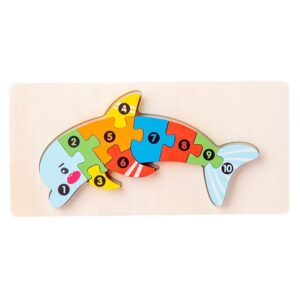 Puzzle din Lemn 3D Montessori, Flippy, Jucarie Educativa pentru Copii, 0-3 Ani, Vopsea Ecologica, Dezvolta Motricitatea Fina, Coordonarea, Logica,  11 Piese, Model Delfin, Multicolor