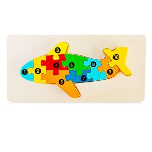 Puzzle din Lemn 3D Montessori, Flippy, Jucarie Educativa pentru Copii, 0-3 Ani, Vopsea Ecologica, Dezvolta Motricitatea Fina, Coordonarea, Logica,  11 Piese, Model Avion, Multicolor