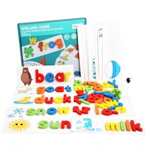 Jucarie Educativa Montessori, Flippy, Puzzle Interactiv pentru Formarea Cuvintelor, Invatarea Alfabetului, 52 Litere din Lemn si 28 Carduri fata-verso, Dezvolta Logica si Vocabularul, 3 ani+, Multicolor