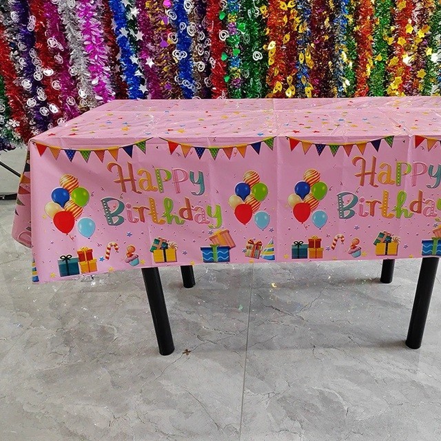 Fata de Masa, Flippy, din Folie, Imprimeu Happy Birthday cu Baloane, 137 x 183 cm, Roz - imagine 2
