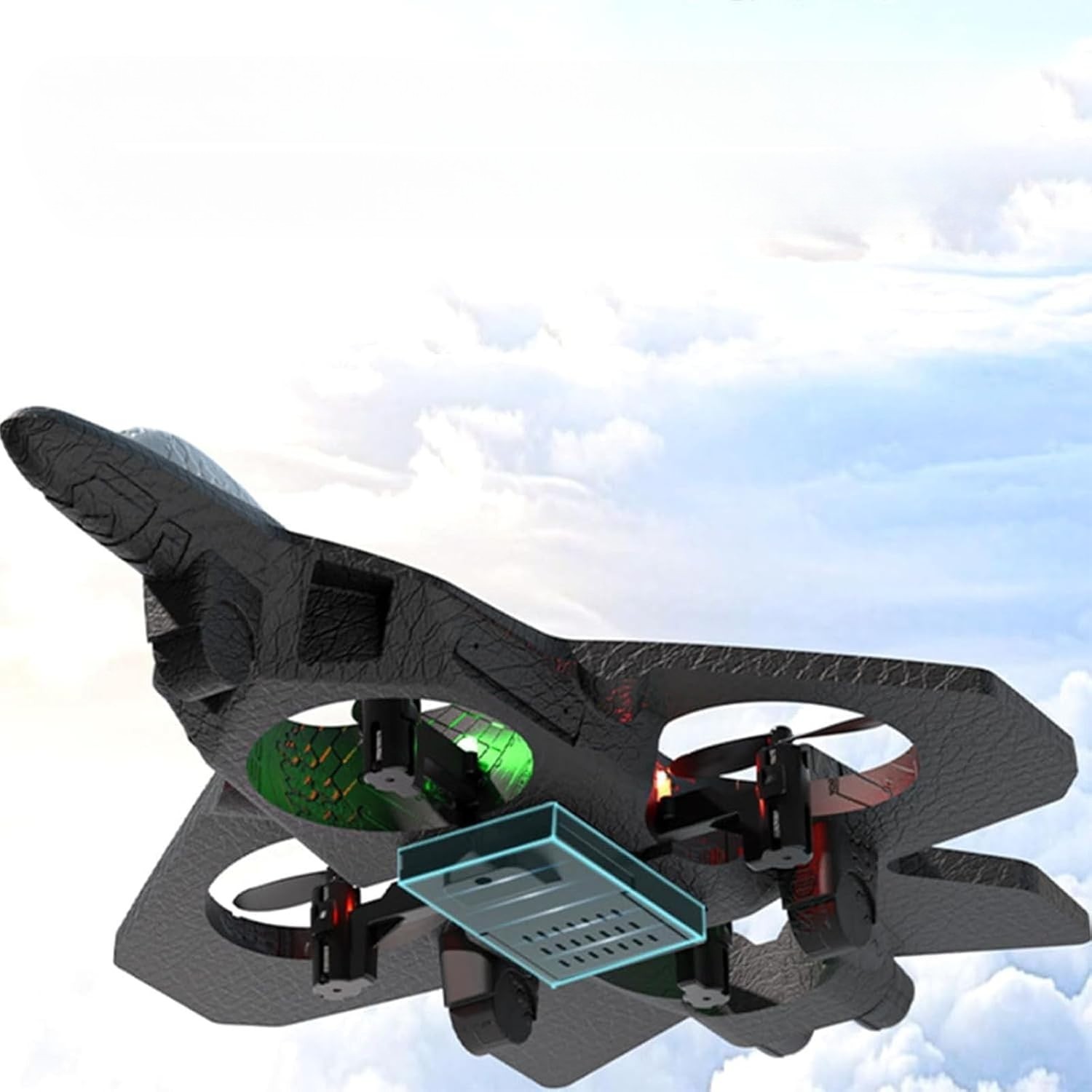 Avion de Lupta cu Telecomanda, Flippy, Tip Drona, din EVA (Spuma), cu Telecomanda, Incarcare USB, 2.4 GHz, Rotire 360°, Zbor pana la 120 m, LED, 25.5 x 18 x 5.2 cm, Negru-Albastru - imagine 3