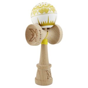 Kendama X Originala, Profesionala, Flippy, Legendary IMPERIAL, Super Sticky, Cupe Mari KING SIZE V3, Gaura in Baza, Rulment Metalic, din lemn 18 cm, Ata 62/65 cm, Alb/Auriu