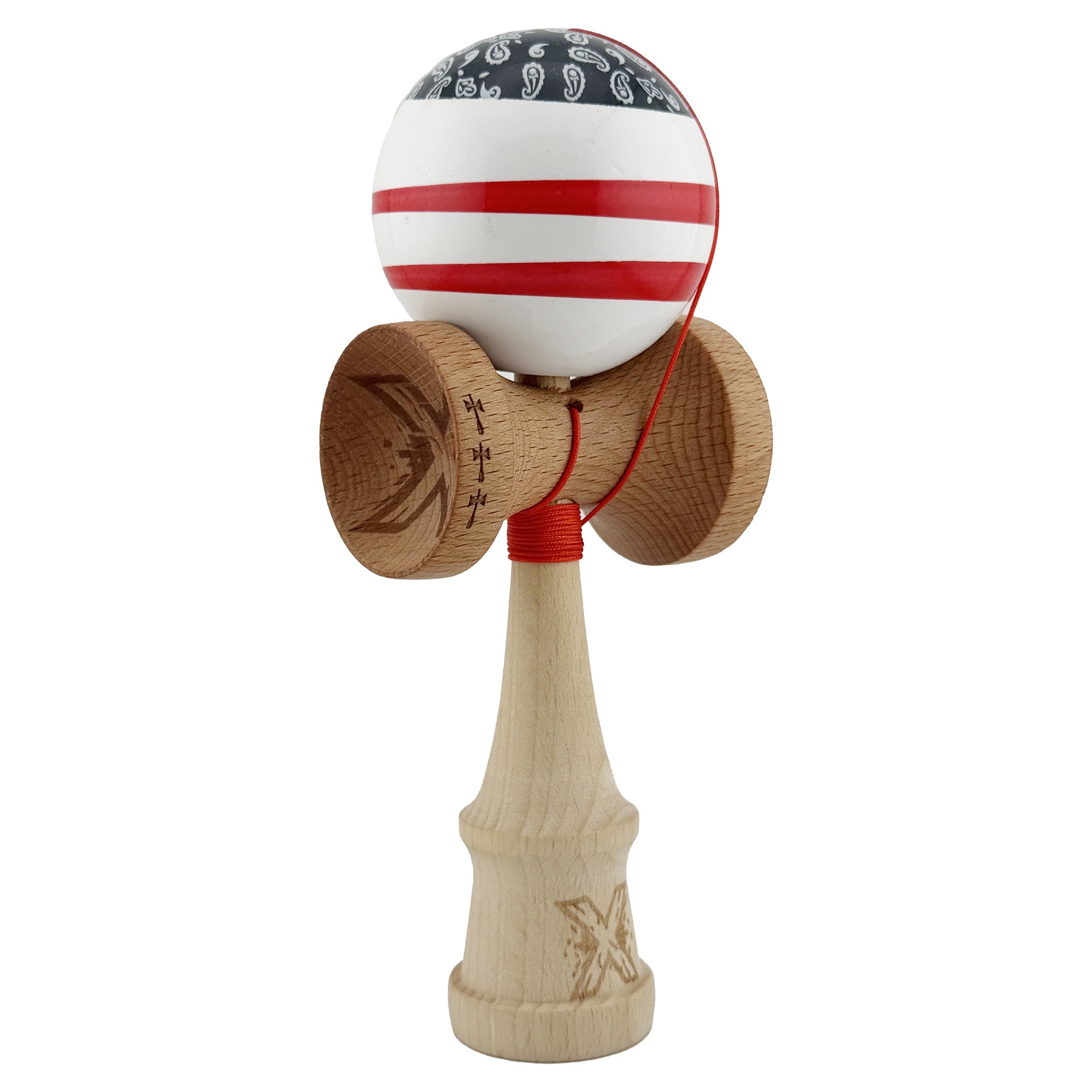 Kendama X CHICANOS Originala, Profesionala, Flippy, Big Cups V2, Super Sticky cu Cupe Mari, Rulment Metalic, din lemn 18 cm, Ata 55 cm, Negru/Alb - imagine 2