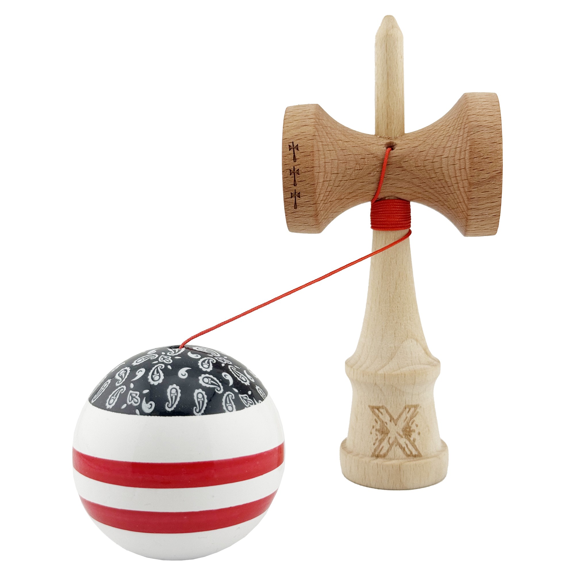 Kendama X CHICANOS Originala, Profesionala, Flippy, Big Cups V2, Super Sticky cu Cupe Mari, Rulment Metalic, din lemn 18 cm, Ata 55 cm, Negru/Alb - imagine 3