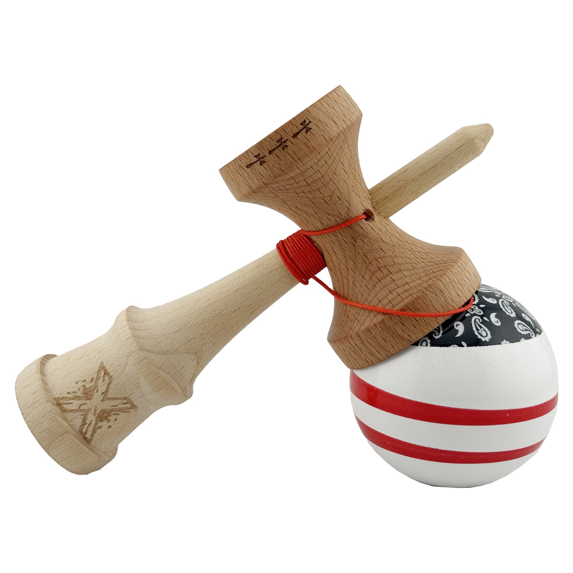 Kendama X CHICANOS Originala, Profesionala, Flippy, Big Cups V2, Super Sticky cu Cupe Mari, Rulment Metalic, din lemn 18 cm, Ata 55 cm, Negru/Alb - imagine 4