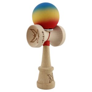 Kendama X Originala, Profesionala, Flippy, Cupe Mari KING SIZE V3, Rubber Grip, Gaura in Baza, Rulment Metalic, din lemn 18 cm, Ata 62/65 cm, Gradient Albastru/Galben/Rosu