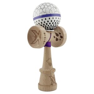 Kendama X Originala, Profesionala, Flippy, RAINDROPS, Super Sticky cu Cupe Mari KING SIZE V3, Gaura in Baza, Rulment Metalic, din lemn 18 cm, Ata 62/65 cm, Alb/Albastru