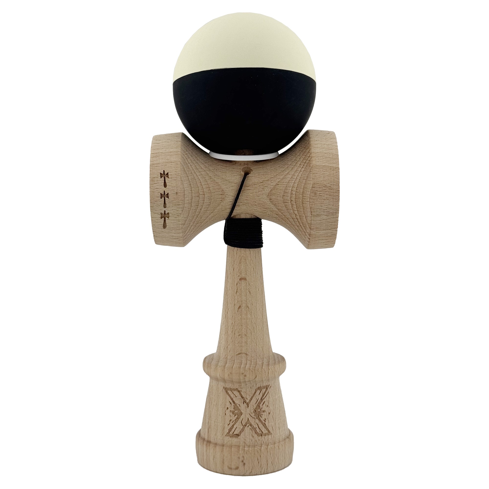 Kendama X Originala, Profesionala, Flippy, Rubber Grip, Cupe Mari KING SIZE V3, Gaura in Baza, Rulment Metalic, din lemn 18 cm, Ata 62/65 cm, Bicolor Galben/Negru - imagine 2