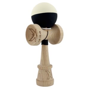 Kendama X Originala, Profesionala, Flippy, Rubber Grip, Cupe Mari KING SIZE V3, Gaura in Baza, Rulment Metalic, din lemn 18 cm, Ata 62/65 cm, Bicolor Galben/Negru