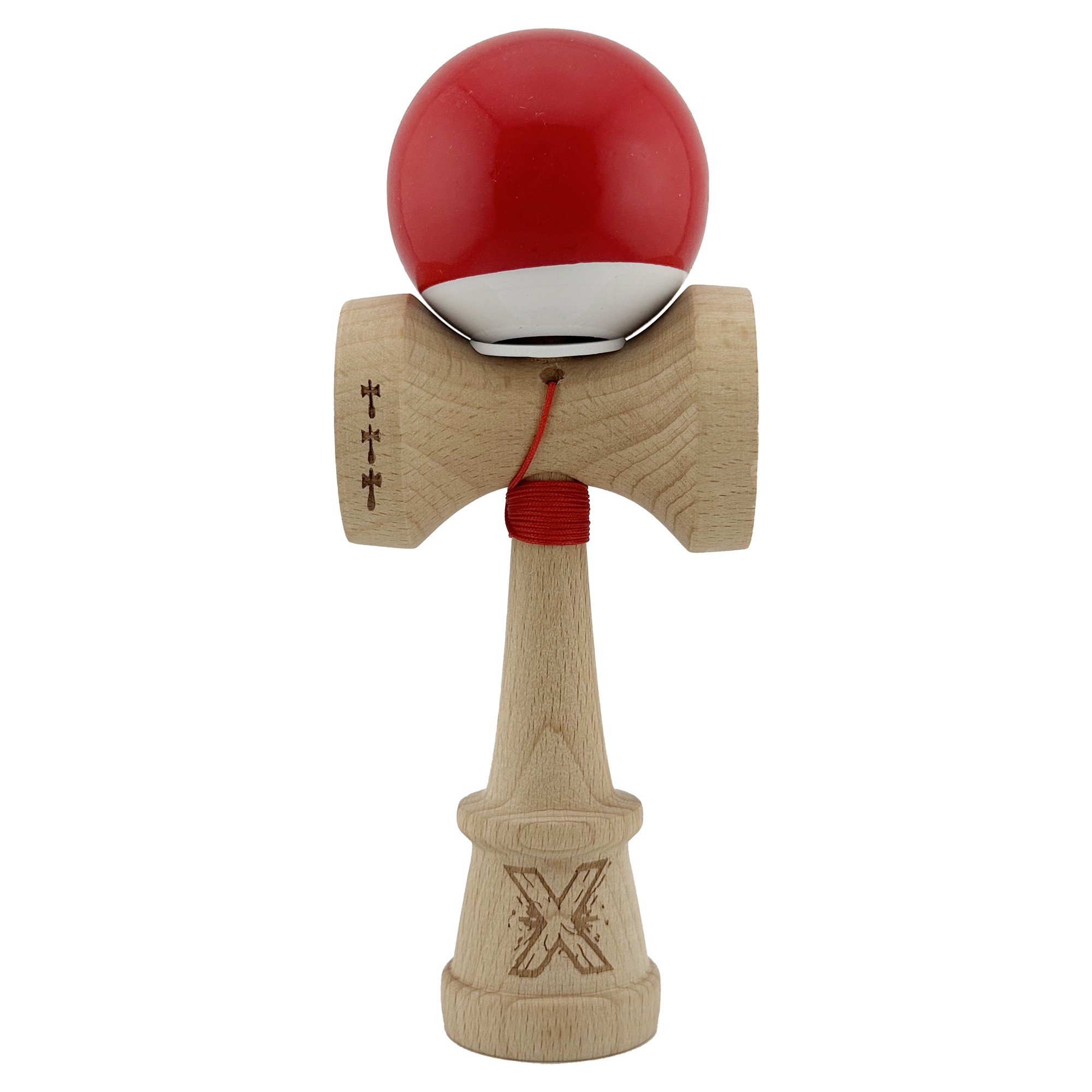 Kendama X Originala, Profesionala, Flippy, Super Sticky cu Cupe Mari KING SIZE V3, Gaura in Baza, Rulment Metalic, din lemn 18 cm, Ata 62/65 cm, Bicolor Rosu/Alb - imagine 2