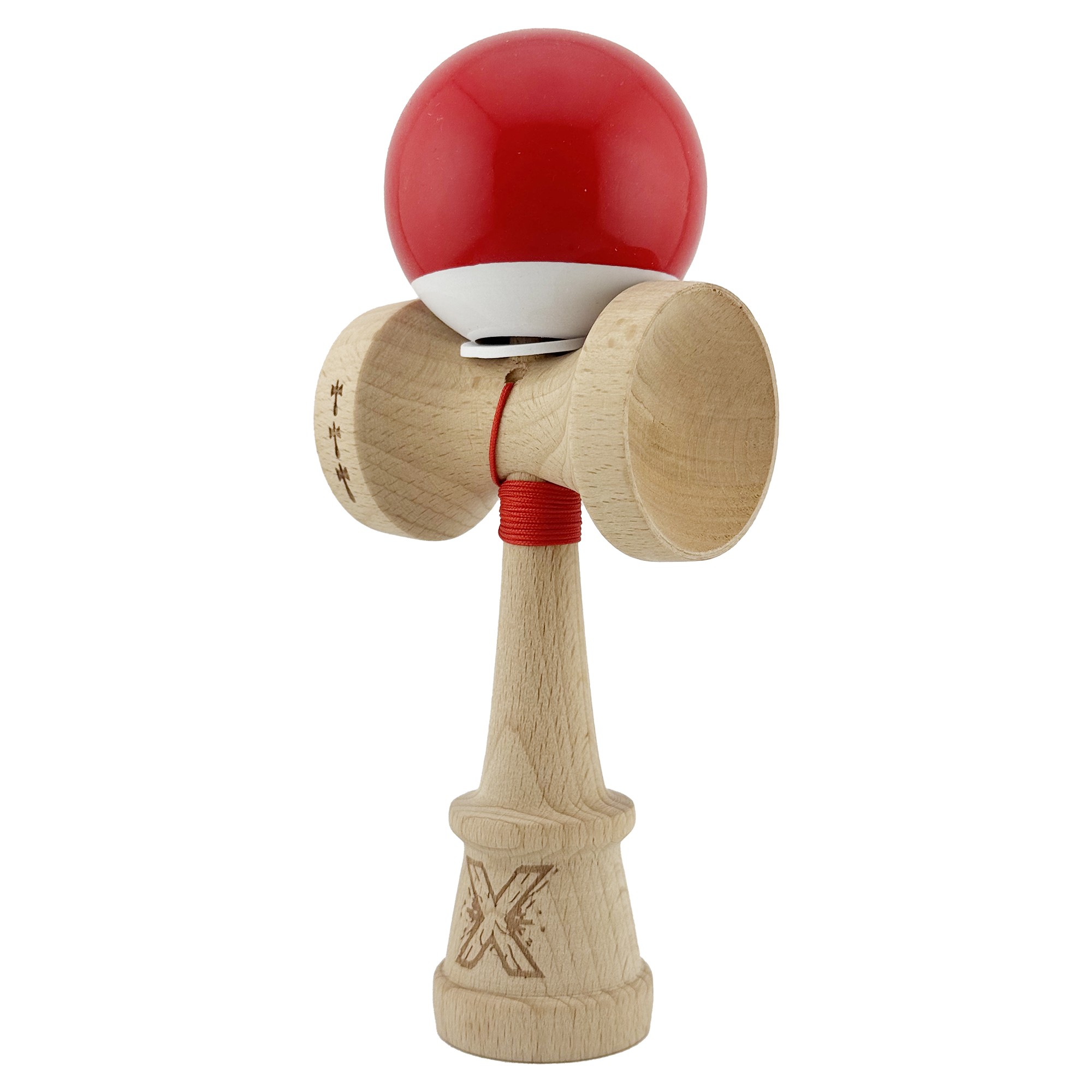 Kendama X Originala, Profesionala, Flippy, Super Sticky cu Cupe Mari KING SIZE V3, Gaura in Baza, Rulment Metalic, din lemn 18 cm, Ata 62/65 cm, Bicolor Rosu/Alb - imagine 3