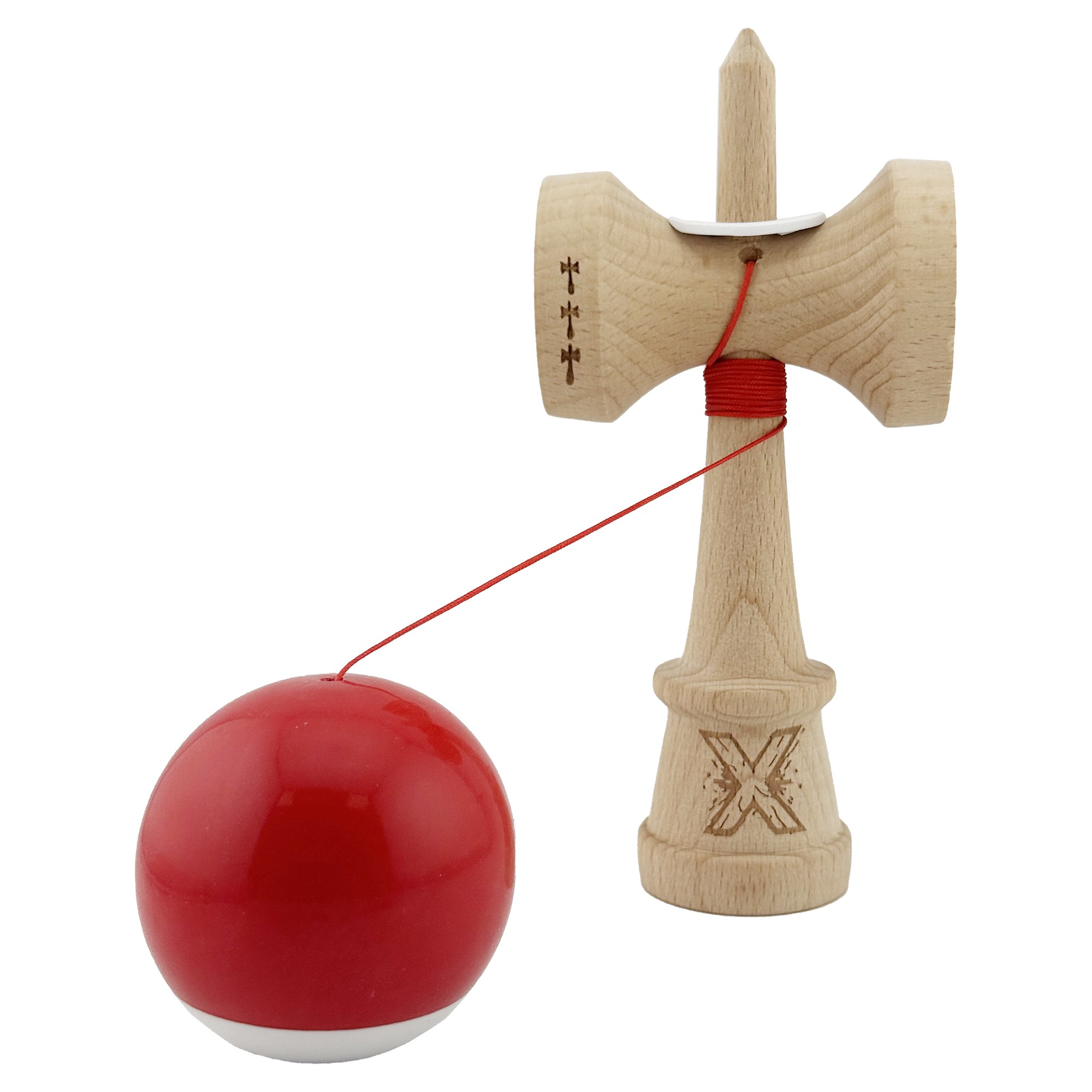 Kendama X Originala, Profesionala, Flippy, Super Sticky cu Cupe Mari KING SIZE V3, Gaura in Baza, Rulment Metalic, din lemn 18 cm, Ata 62/65 cm, Bicolor Rosu/Alb - imagine 4