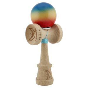 Kendama X Originala, Profesionala, Flippy, Super Sticky cu Cupe Mari KING SIZE V3, Gaura in Baza, Rulment Metalic, din lemn 18 cm, Ata 62/65 cm, Gradient Albastru/Galben/Rosu