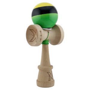 Kendama X Originala, Profesionala, Flippy, Super Sticky cu Cupe Mari KING SIZE V3, Gaura in Baza, Rulment Metalic, din lemn 18 cm, Ata 62/65 cm, Galben/Negru/Verde