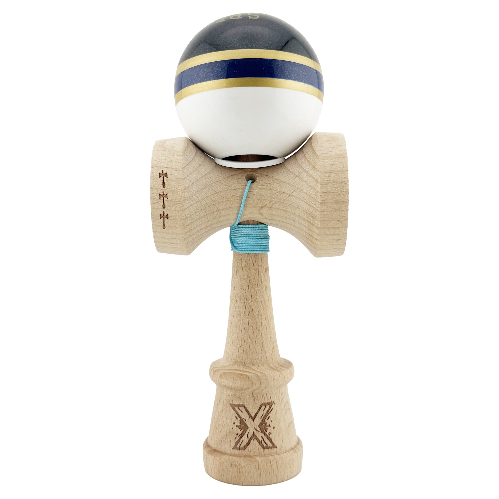 Kendama X Originala ROYAL SPIKE, Profesionala, Flippy, Cupe Mari KING SIZE V3, Super Sticky, Gaura in Baza, Rulment Metalic, din lemn 18 cm, Ata 62/65 cm, Inel Albastru inchis - imagine 2