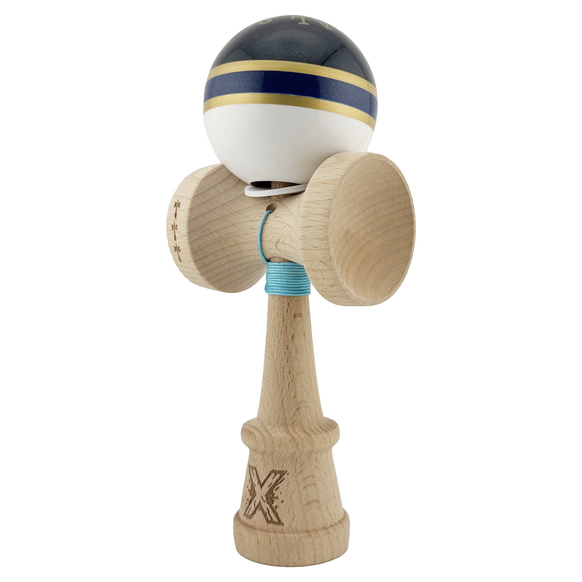 Kendama X Originala ROYAL SPIKE, Profesionala, Flippy, Cupe Mari KING SIZE V3, Super Sticky, Gaura in Baza, Rulment Metalic, din lemn 18 cm, Ata 62/65 cm, Inel Albastru inchis - imagine 3